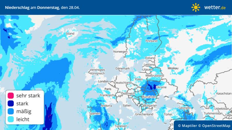Die Grafik zeigt die Niederschlagsmenge für Europa am Donnerstag, 28.04.2022