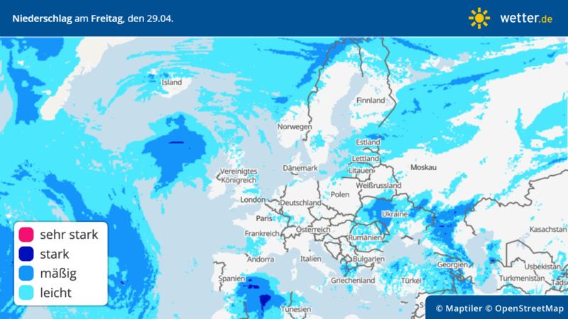 Die Grafik zeigt die Niederschlagsmenge für Europa am Freitag, 29.04.2022