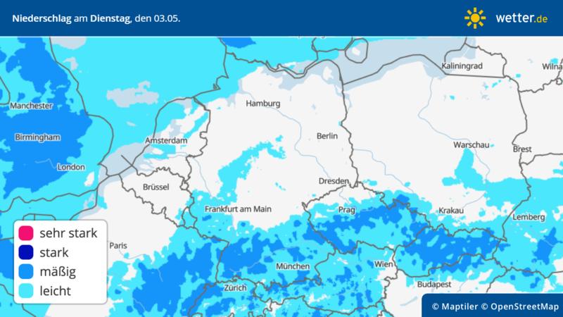 Die Grafik zeigt den Niederschlag für Dienstag, 03.05.2022