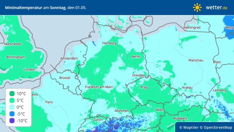 Die Grafik zeigt die Tiefsttemperaturen in Deutschland in der Nacht zum 1. Mai.