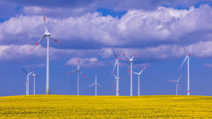 26.04.2022, Mecklenburg-Vorpommern, Kladrum: Windkraftanlagen verschiedener Hersteller drehen sich hinter einem blühenden Rapsfeld in einem Windpark. Die deutsche Windenergiebranche blickt zuversichtlich in die Zukunft. Eine Umfrage der Weltleitmesse für Windenergie, der Windenergy Hamburg, förderte Spitzenwerte zutage. (zu dpa: «Deutsche Windindustrie im Aufschwung - Spitzenwerte bei Umfrage») Foto: Jens Büttner/dpa +++ dpa-Bildfunk +++