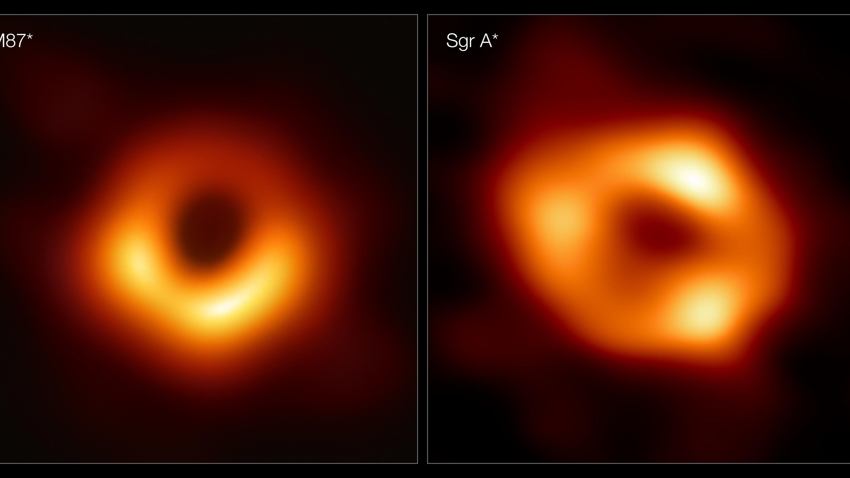HANDOUT - 12.05.2022, ---: Die Kombo zeigt ein Bild des Schwarzen Lochs im Zentrum der riesigen Galaxie Messier 87 (l) und das erste Bild von Sagittarius A*, dem Schwarzen Loch im Zentrum der Milchstraße (undatiertes Handout, das am 12.05.2022 freige