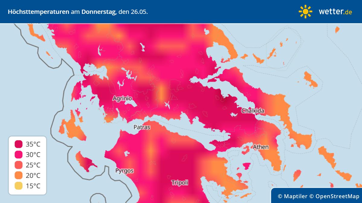 Die Karte zeigt die Temperaturen in Griechenland