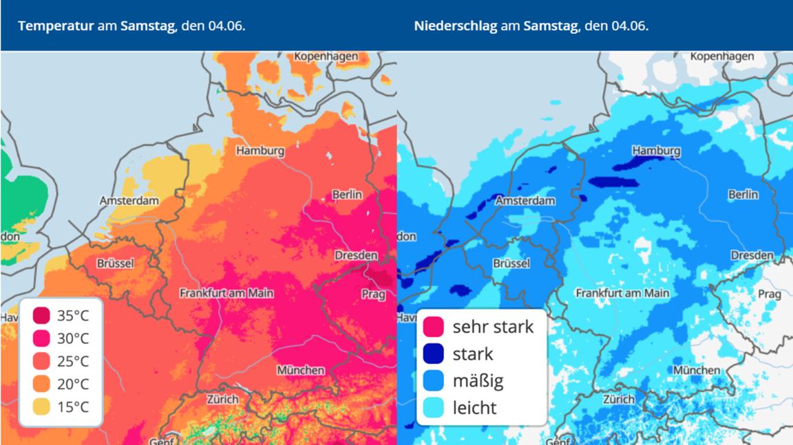 Vorhersage der Temperaturen und Regen am Samstag, den 4. Juni