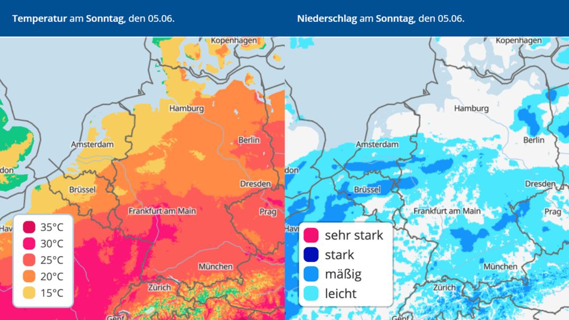 Die Karte zeigt die Vorhersage der Nederschläge und Temperaturen an Pfingstsonntag.