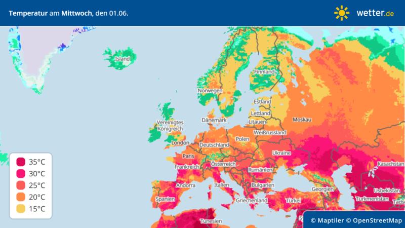 Höchsttemperaturen am Mittwoch, 1. Juni in Europa