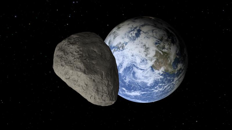 Asteroid Apophis mit der Erde im Hintergrund