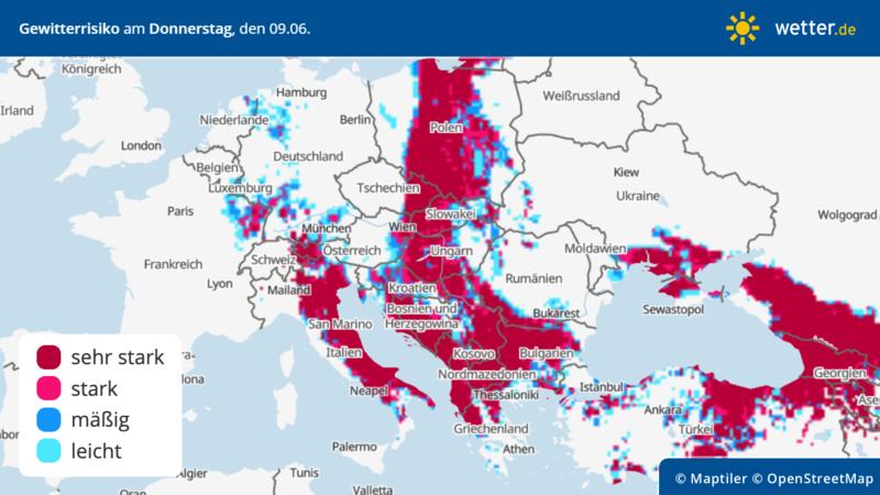 Die Grafik zeigt das Gewitterrisiko am Donnertag, 09.06.2022: Von Italien über den Balkan bis nach Albanien und Griechenland kann es Blitz und Donner geben