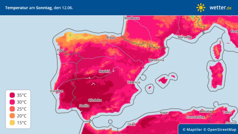 Temperaturhöchstwerte für Spanien am 12. Juní