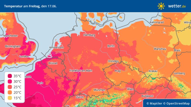 Die Grafik zeigt die Höchsttemperaturen am Freitag, 17. Juni in Deutschland
