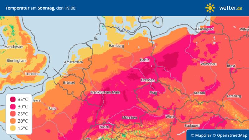 Die Grafik zeigt die Höchsttemperaturen am Sonntag, 19. Juni in Deutschland