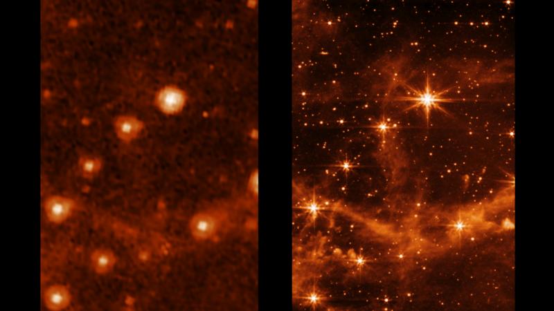 Aufnahme der Maggelanschen Wolke mit dem Spitzer und dem James-Webb-Teleskop zu sehen