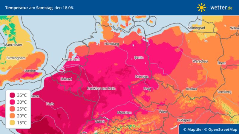 Die Grafik zeigt die Höchsttemperaturen am Samstag, 18. Juni in Deutschland
