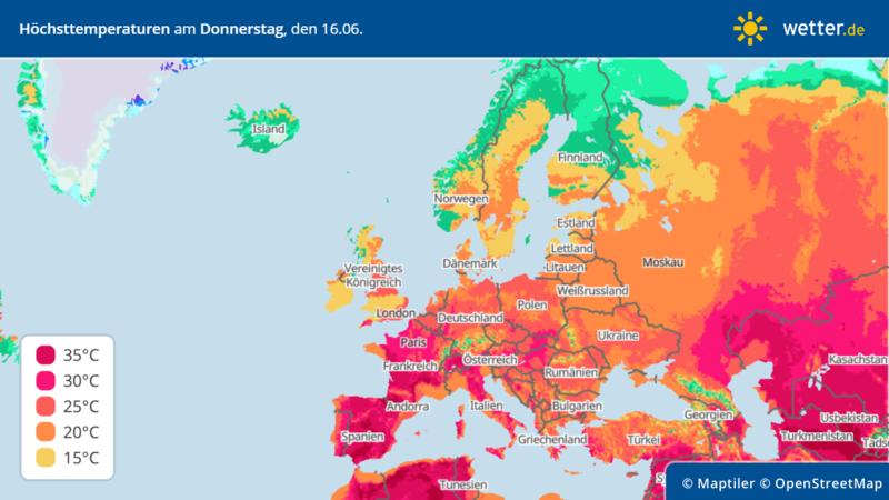 Die Höchstwerte für Europa am Mittag, 15. Juni 2022 - es ist extrem warm bis heiß