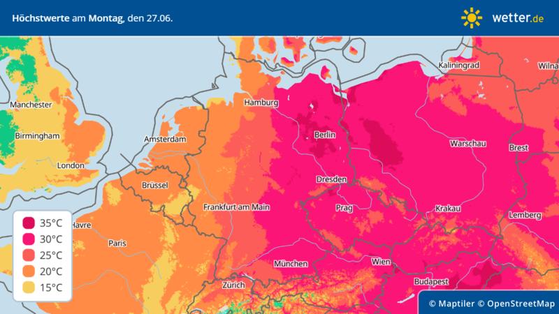 Höchsttemperaturen am Montag, 27. Juni 2022 in Deutschland