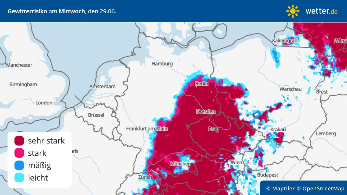 Die Grafik zeigt die Gewittergefahr für Mittwoch, 29.06.2022: