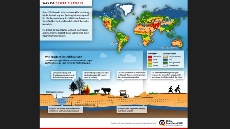 Infografik zur Desertifikation. Die fortschreitende Wüstenbildung weltweit hat viele Gründe - die meisten Probleme sind allerdings Menschengemacht.