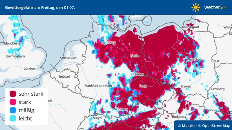 Die Kaltfront erreicht am 01. Juli samt Gewittergefahr den Osten Deutschlands