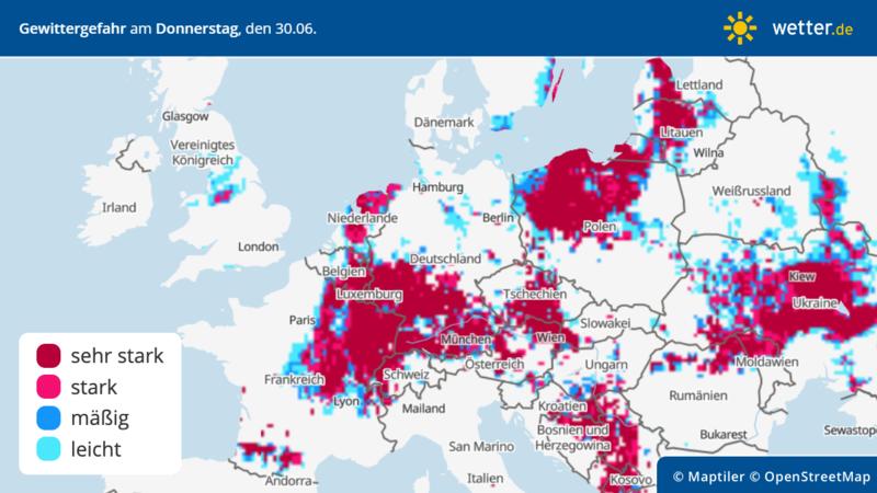 Die Grafik zeigt die Gewittergefahr für Mitteleuropa am 30.06.2022