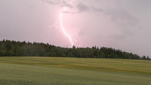 27.06.2022, Sachsen, Langenau: Ein Blitz ist bei einem Gewitter in der Nähe von Langenau über einem Waldstück zu sehen. Foto: B&S/dpa +++ dpa-Bildfunk +++