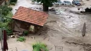 Starker Regen hat am Montagnachmittag den Fluss Emme bei Schangnau in der Schweiz stark ansteigen lassen. Daraufhin rollte eine Flutwelle auf die Ortschaften zu, riss Autos und Bäume mit, überschwemmte Häuser und auch ein Hotel.