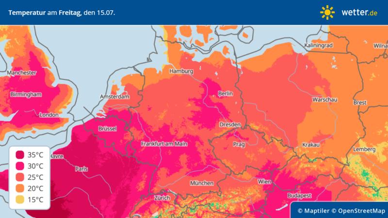 Die Grafik zeigt die Höchstwerte für Freitag, 15.07.2022: Die 40-Grad-MArke wird in Frankreich geknackt.