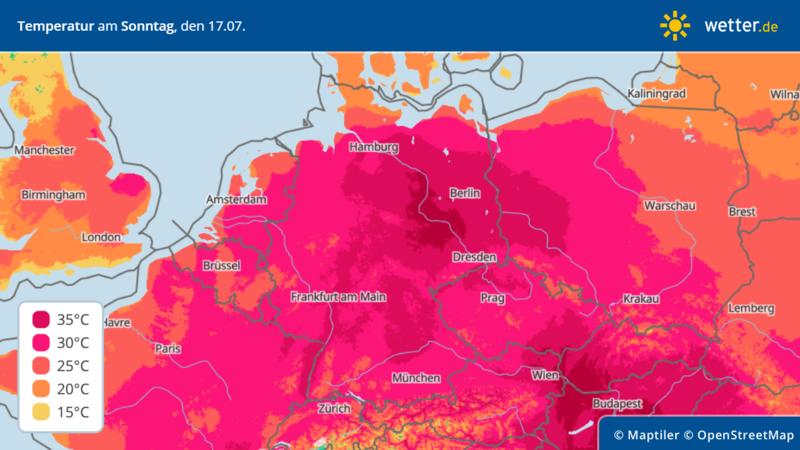 Die Grafik zeigt die Höchstwerte für Sonntag, 17.07.2022: Es könnte der heißeste Tag ever in Deutschland werden