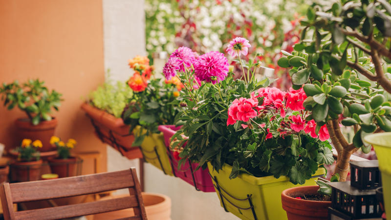 Kleiner Balkon mit Blumenampeln und Essgruppe.