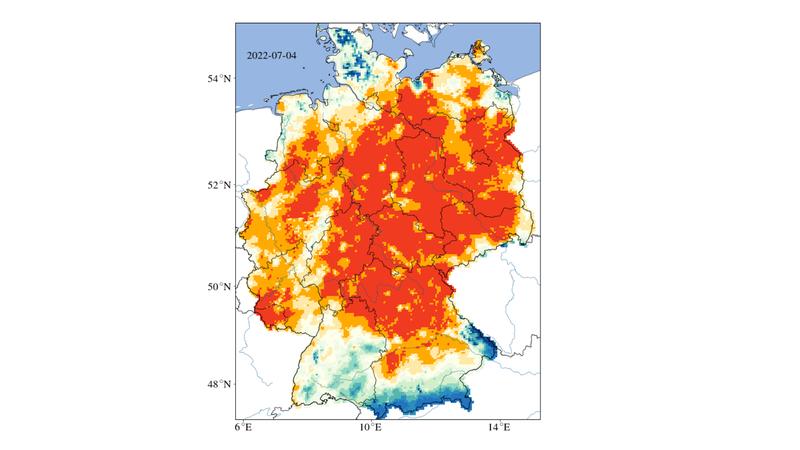 Trocken, trockener, Deutschland: Die Karte zeigt das für Pflanzen verfügbare Wasser in bis zu 25 Zentimetern Tiefe. In weiten Teilen des Landes ist die Karte rot, was bedeutet, dass 0 Prozent Wasser an diesen Stellen verfügbar ist.