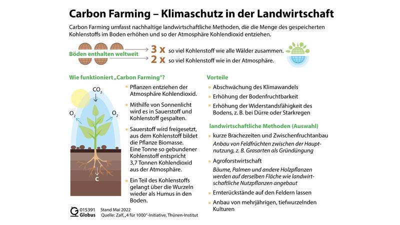 Infografik: Böden zählen zu den wichtigsten Kohlenstoffspeichern der Erde. In ihnen ist mehr als dreimal so viel Kohlenstoff enthalten wie in allen Wäldern zusammengerechnet und etwa doppelt so viel wie in der Atmosphäre.