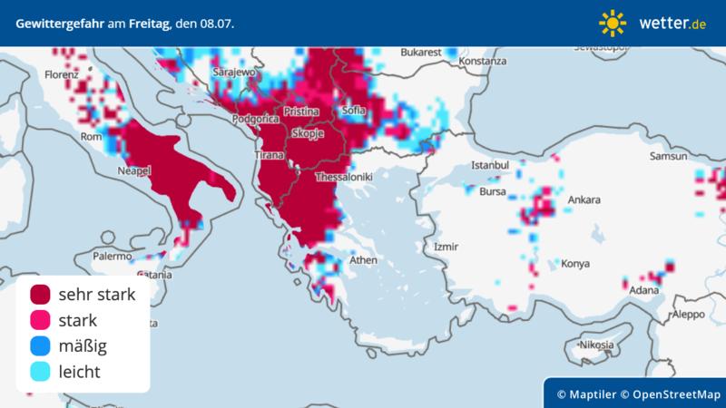 Das Gewitterrisiko im Südosten Europas ist hoch.