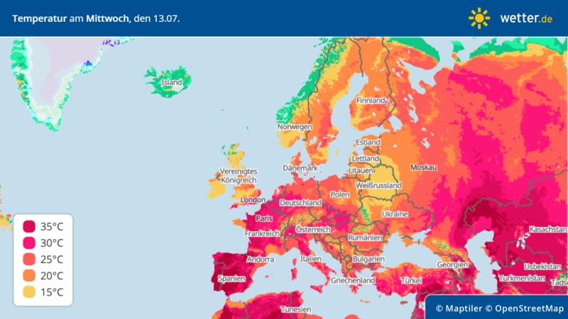 Die Grafik zeigt die Höchstwerte am Mittwoch, 13.07.2022, über Europa
