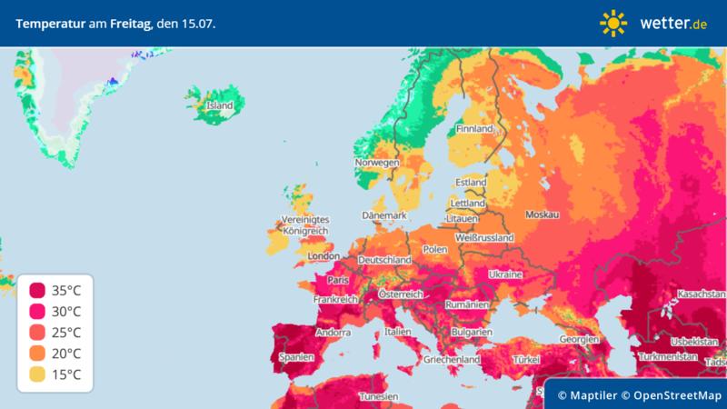 Die Grafik zeigt die Höchstwerte am Freitag, 15.07.2022, über Europa