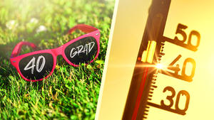 Sonnenbrille auf dem Rasen mit Aufschrift 40 Grad und Thermometer, Symbolfoto Hitzewelle, Sommerhitze / action press