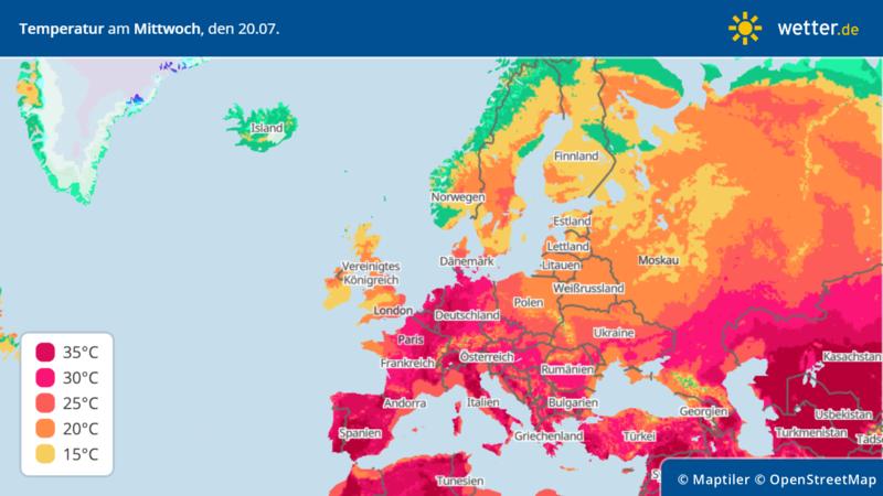 Die Grafik zeigt die Höchstwerte am Mittwoch, 20.07.2022, über Europa und Deutschland
