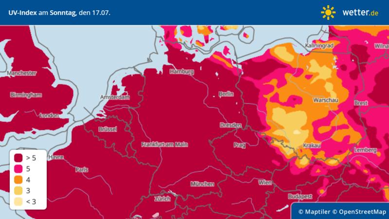 UV-Index für Deutschland am Sonntag, 17. Juli in dunkelrot