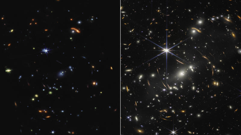  This image, released on July 12, 2022, shows Galaxy cluster SMACS 0723 is a technicolor landscape when it s viewed in mid-infrared light by NASA s James Webb Space Telescope. Compared to Webb s near-infrared image, seen on the right, the galaxies an