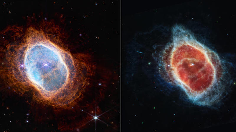 dpatopbilder - HANDOUT - 12.07.2022, ---: Das von der US-amerikanischen Weltraumbehörde NASA zur Verfügung gestellte Bild zeigt vergleichende Beobachtungen des Südlichen Ringnebels im nahen Infrarot (l) und im mittleren Infrarot (r), die mit dem Jam