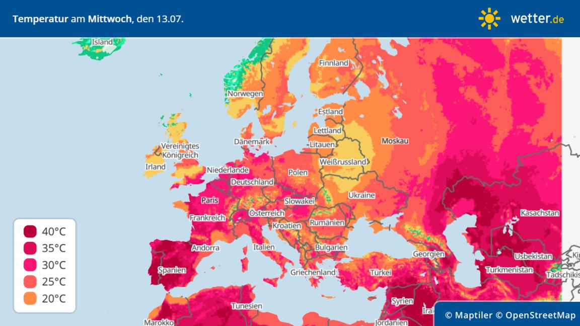 Temperaturenkarte, die Europa zeigt. In ganz Europa ist es heiß.