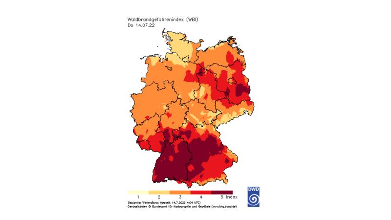 Grafik Waldbrandgefahrenindex, Donnerstag 14.07.2022