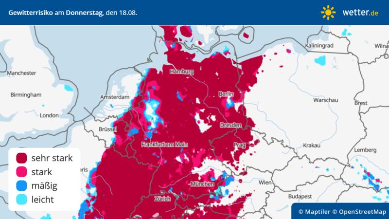 Die Grafik zeigt das Gewitterrisiko in Deutschland am Donnerstag, den 18. August.