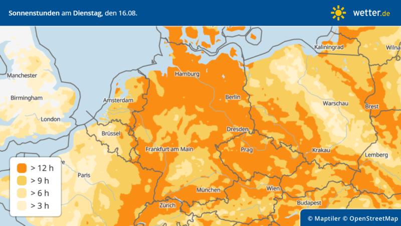 Die Grafik zeigt die Anzahl der Sonnenstunden am Dienstag in Deutschland.