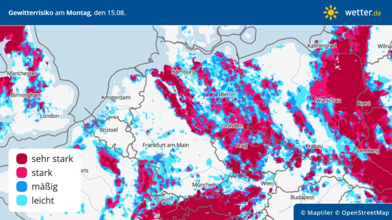 Die Grafik zeigt die Unwettergefahr in Deutschland am Montag, den 15. August.