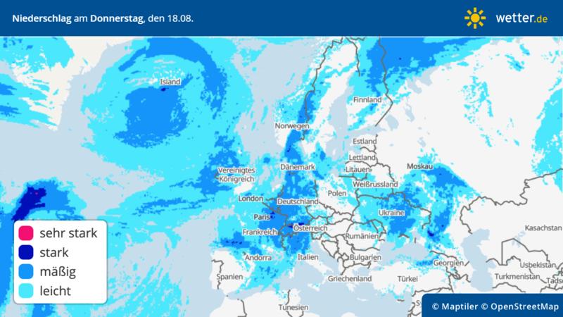 Die Grafik zeigt die Regenintensität am Donnerstag, 18.08.2022 über Europa.