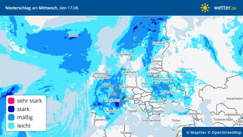 Die Grafik zeigt den Niederschlag für Europa für Mittwoch, 17.08.200