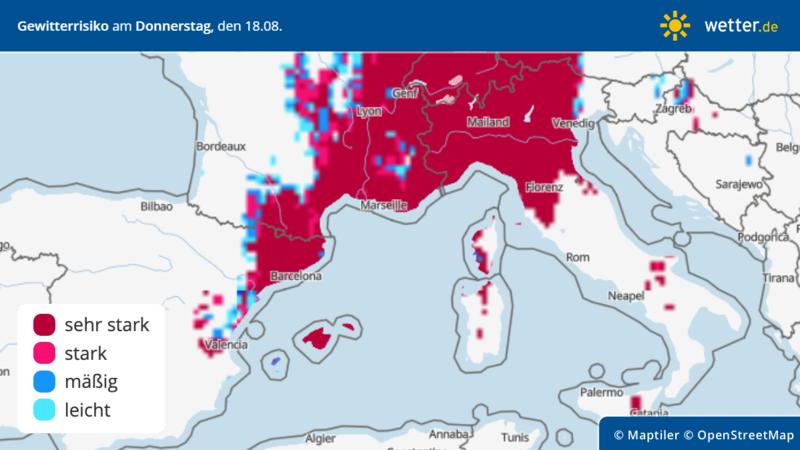 Gewitterrisiko im Süden Europas am Donnerstag, 18. August