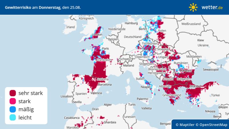 Die Grafik zeigt das Gewitterrisiko über Europa am Donnerstag, 25.08.2022