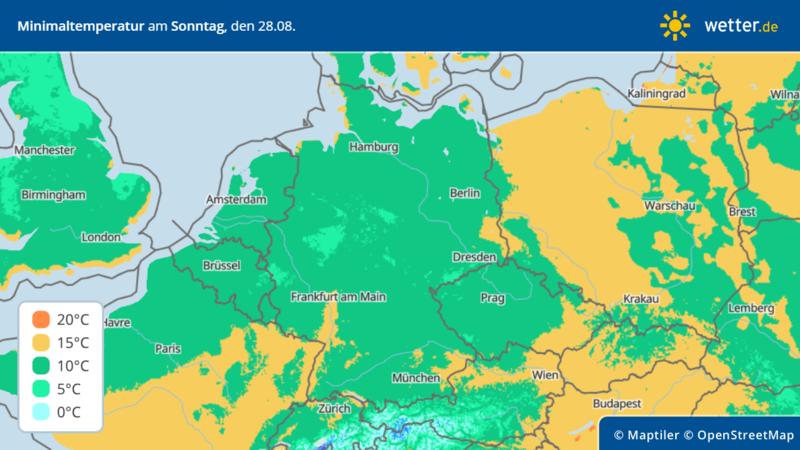 Die Grafik zeigt die Tiefsttemperaturen am Sonntag.