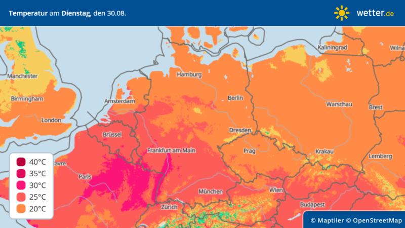 Temperaturen in Deutschland am Dienstag, 30. August