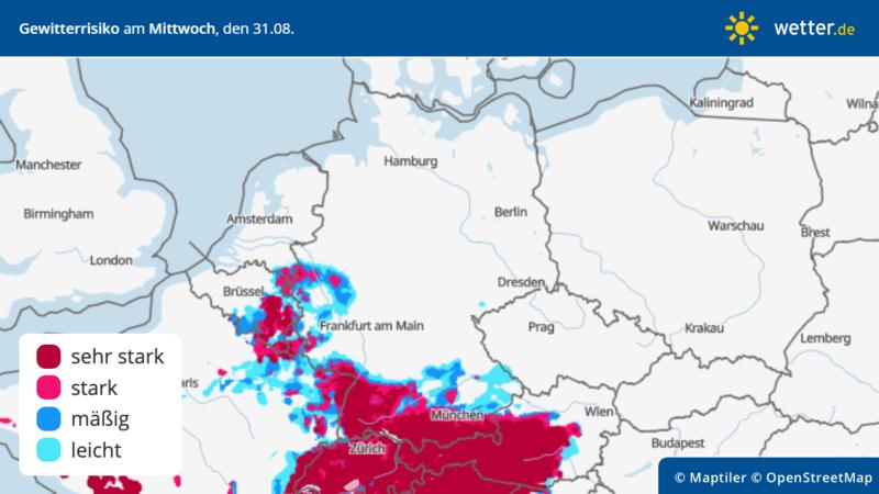 Gewitterrisiko am Mittwoch, 31. August in Deutschland